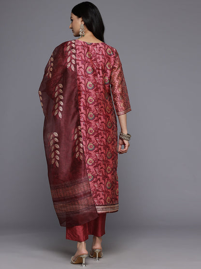 Dhiyona VR Women's Maroon Floral Printed Kurta, Round Neck Straight Kurta Paired With Tonal Bottom And Printed Dupatta