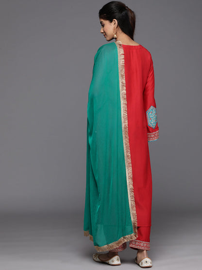 Dhiyona VR Women's Red Embroidered Straight Kurta Paired With Tonal Bottom And Contrast Dupatta With Four Sided Fringes
