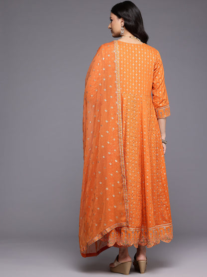 Dhiyona VR Women's Orange Mirror And Thread Embroidered,Zari Embellished Scalloped Schiffli Anarkali Kurta Paired Wirh Printed Bottom And Embroidered Dupatta