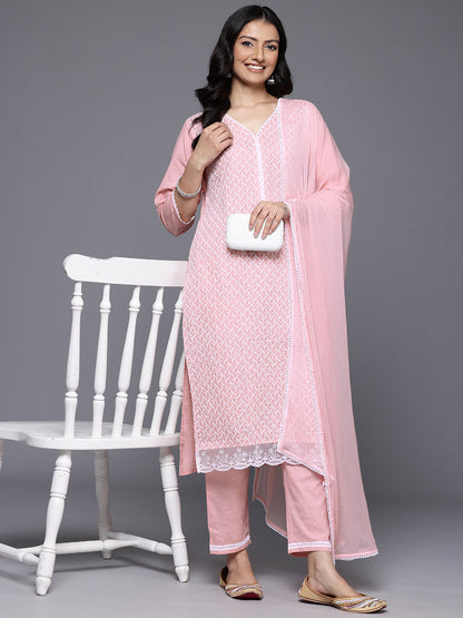 Dhiyona VR Women's Peach V Neck Chickankari Embroidered Kurta With Tonal Bottom And Chiffon Dupatta