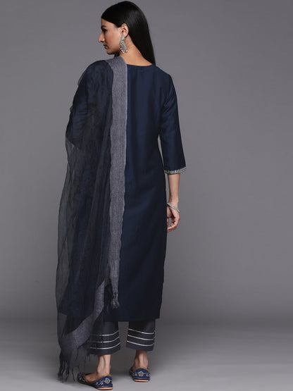 Dhiyona VR Women's Blue Embroidered Kurta With Contrast Bottom And Dupatta