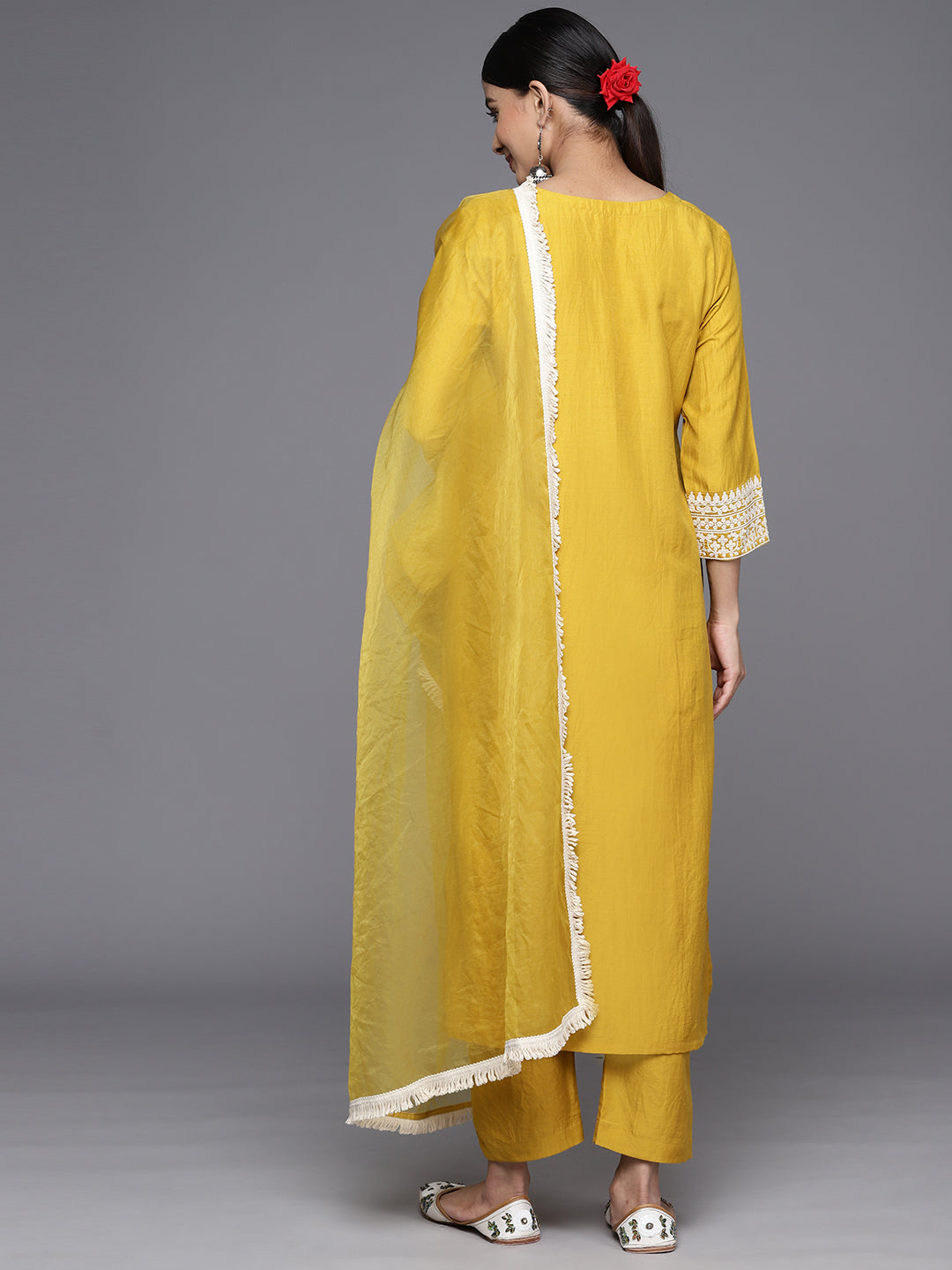 Dhiyona VR Women's Yellow Embroidered Kurta With Tonal Bottom And Tonal Dupatta