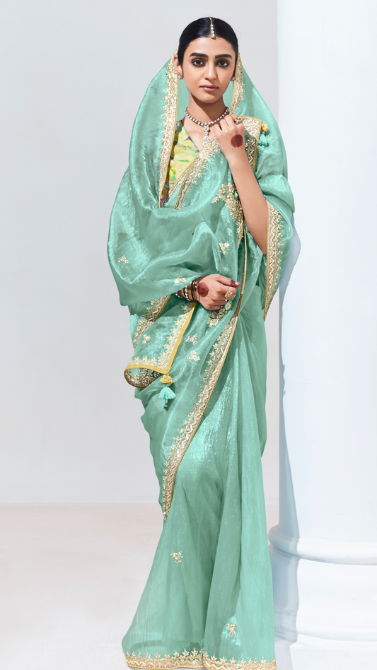 Dhiyona KM Women Elegant Green Organza Saree With Crushed Texture