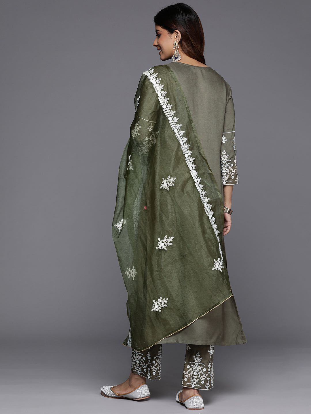 Dhiyona VR Women's Olive Embroidered Kurta Paired With Tonal Trouser And Dupatta
