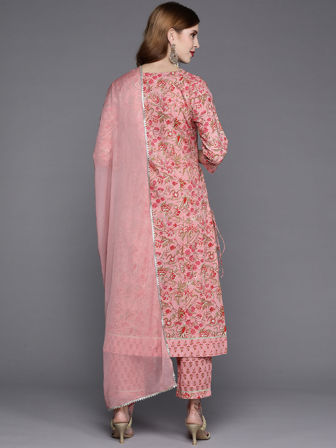 Dhiyona VR Women's Floral Printed Embroidered Kurta With Straight Pant And Chiffon Dupatta