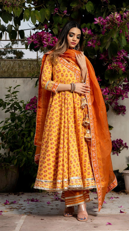 Mehar Light Brown Hand Block Angrakha Set