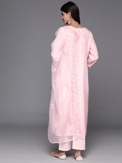 Dhiyona VR Women's Pink Abstract Straight Kurta Paired With Tonal Bottom And Organza Embroidered Dupatta