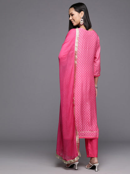 Dhiyona VR Women's Pink Bandhani Printed Straight Kurta Paired With Tonal Bottom And Dupatta