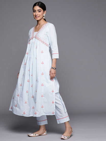 Dhiyona VA Women'sAlia Cut Floral Embroidered Empire Sequinned Pure Cotton Kurta With Trousers & Dupatta