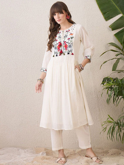 Dhiyona IE Floral Yoke Design Tie-Up Neck Thread Work Pure Cotton A-Line Kurta With Trouser