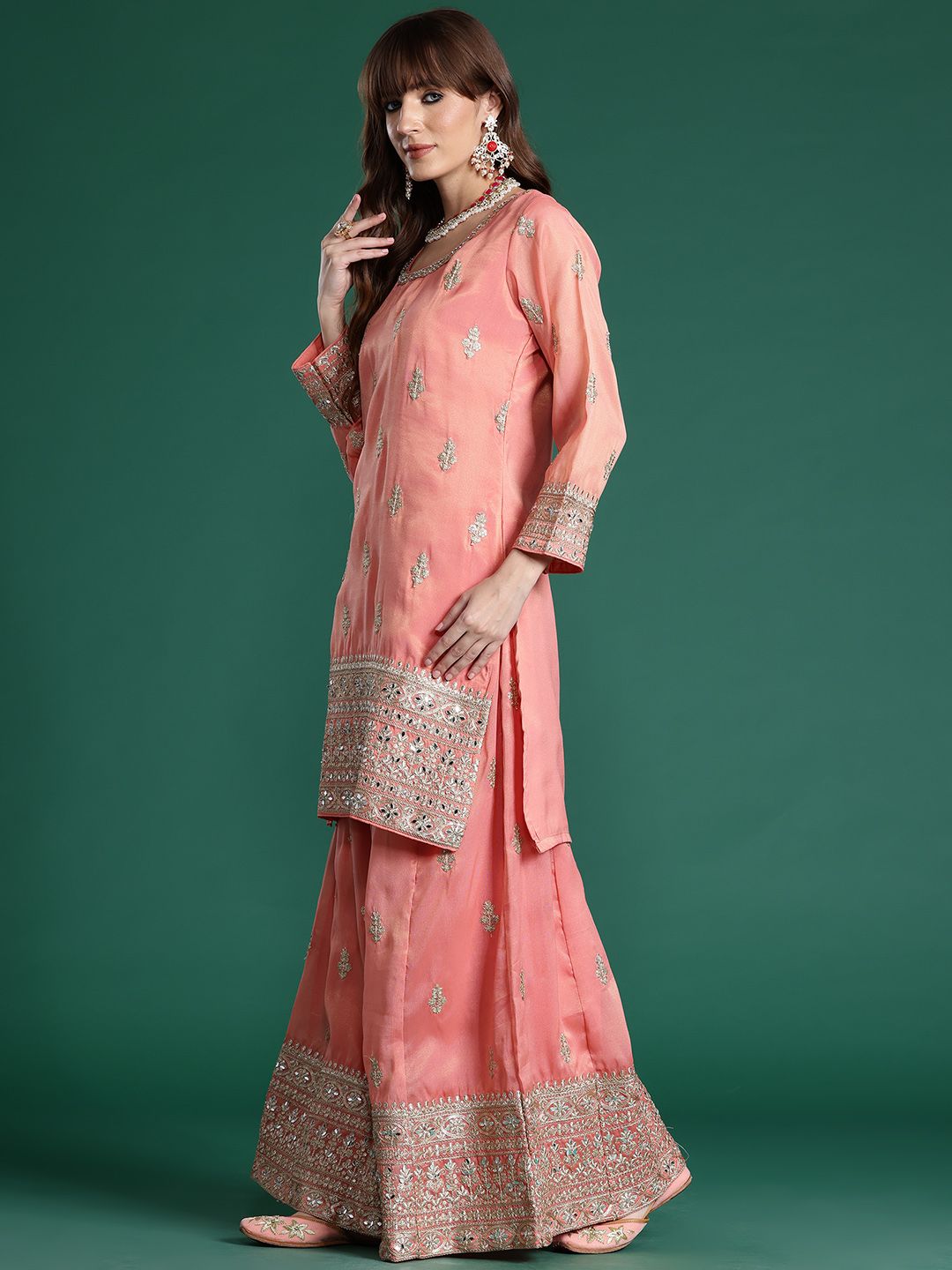 Ethnic Motifs Embroidered Sequinned Kurta with Palazzos & With Dupatta