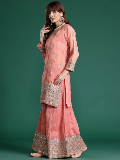 Ethnic Motifs Embroidered Sequinned Kurta with Palazzos & With Dupatta