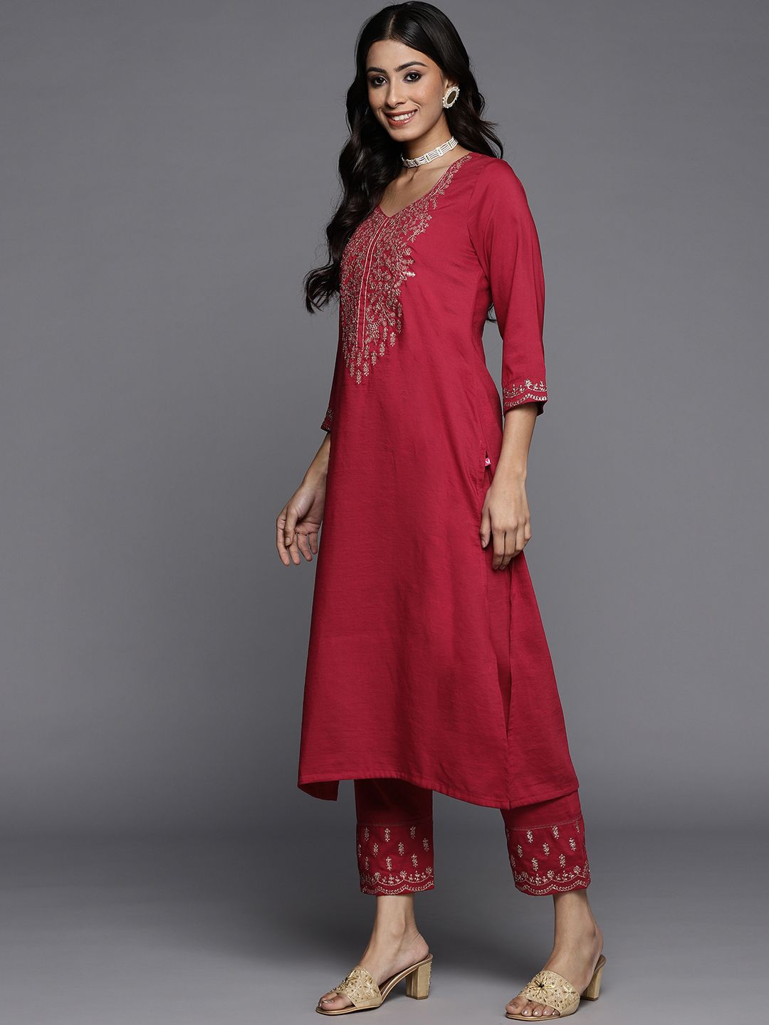 Dhiyona VA Women's Maroon Ethnic Motifs Yoke Design Sequinned Kurta with Trousers & Dupatta
