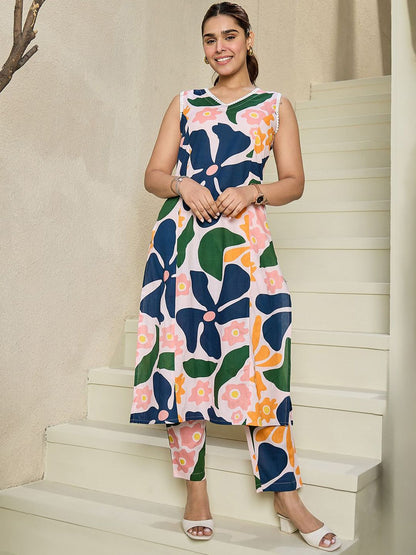 Dhiyona IE Floral Printed V-Neck Sleeveless Pure Cotton A-Line Kurta With Trousers