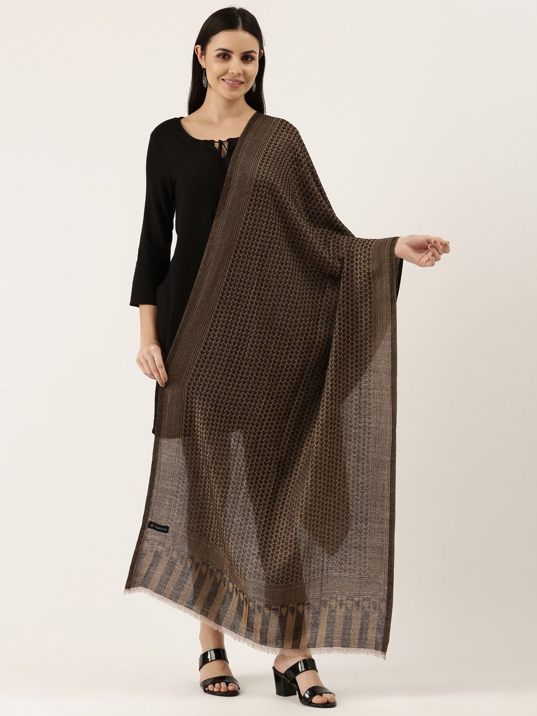 Dhiyona PA Women Black & Beige Colored Woven Design Fine Cashmere Woolen Shawl