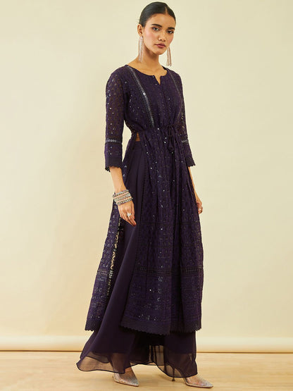 Dhiyona SO Women's Ethnic Motifs Embroidered Pleated Sequinned A-Line Kurta With Palazzos & Dupatta