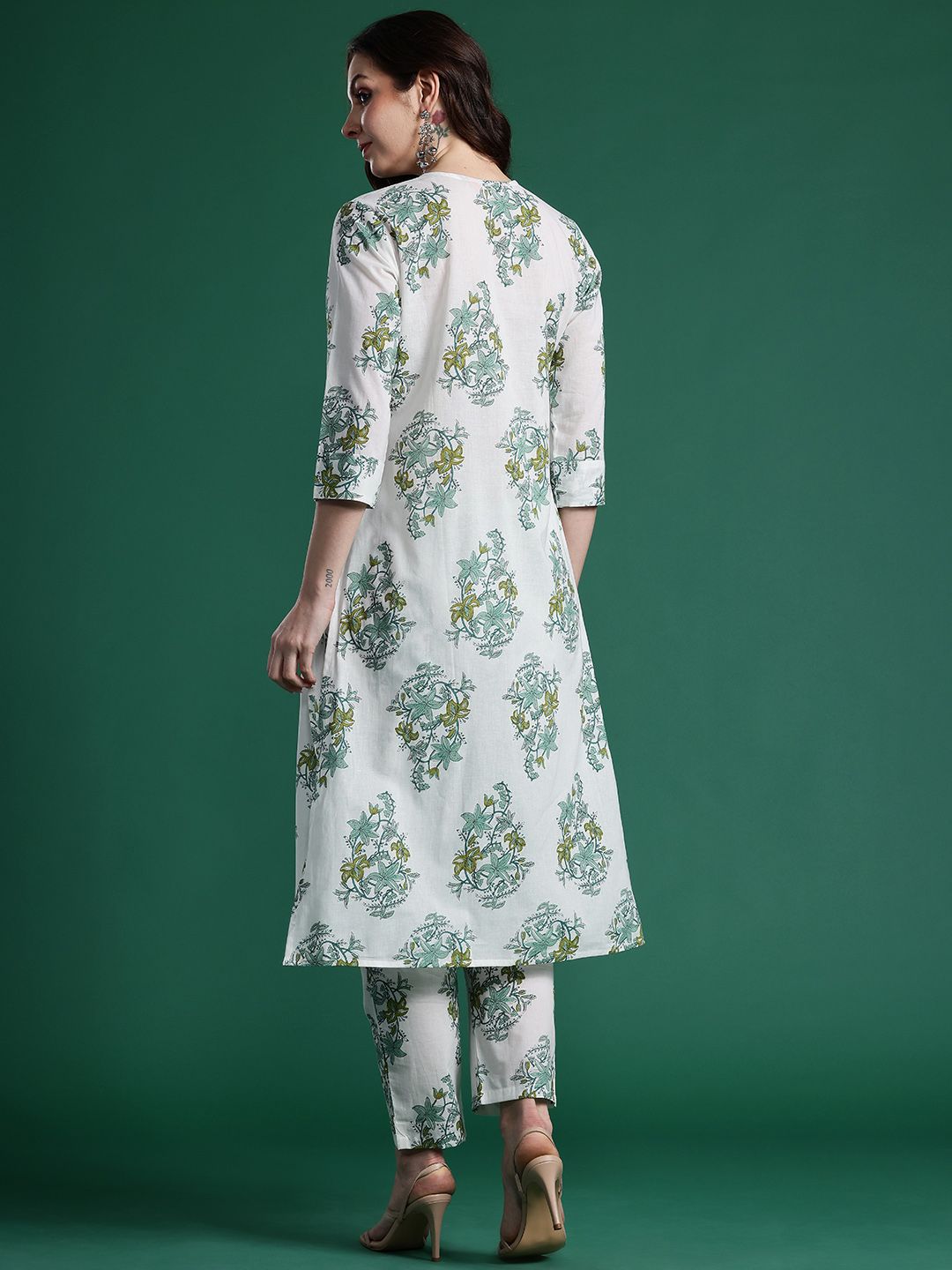 Floral Printed Pleated Pure Cotton Kurta with Trousers