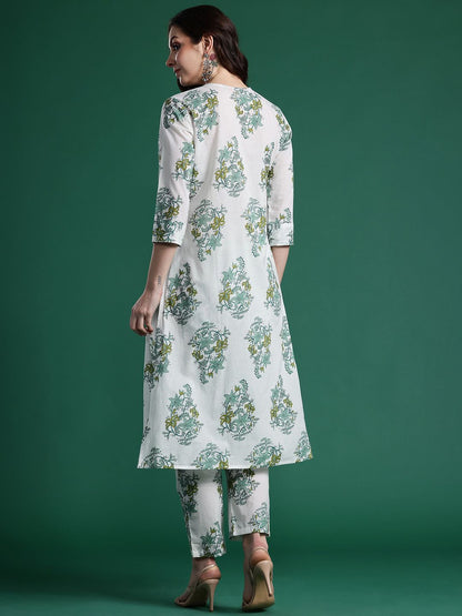 Floral Printed Pleated Pure Cotton Kurta with Trousers
