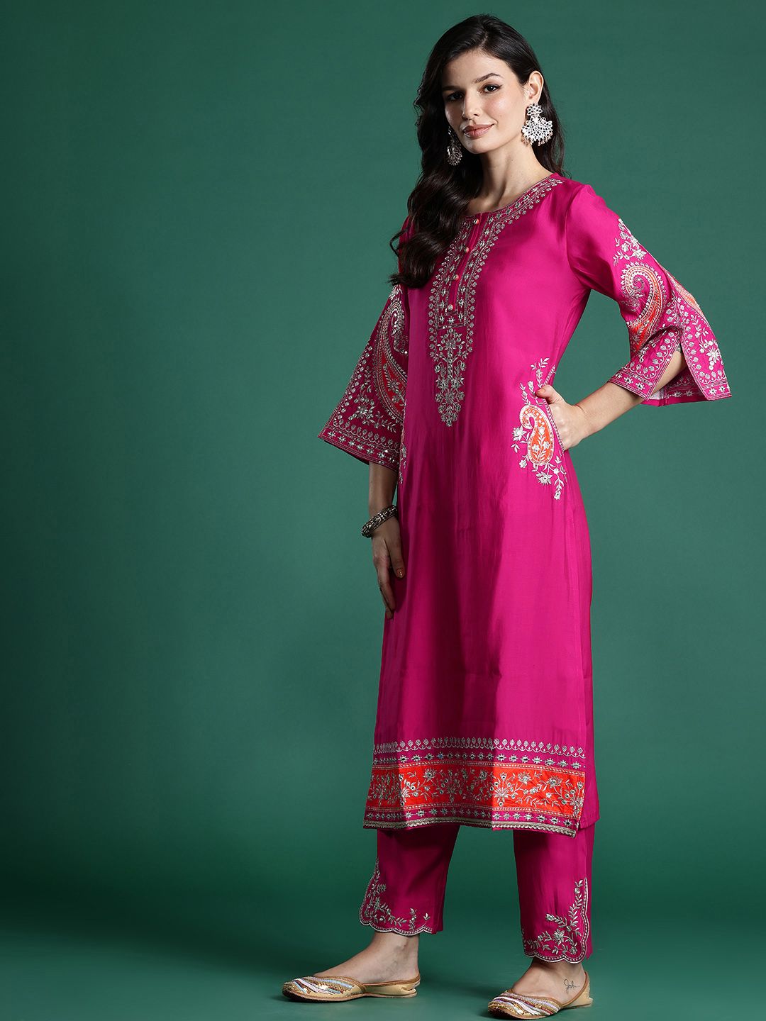 Ethnic Motifs Zari Embroidered Kurta With Trousers & Dupatta