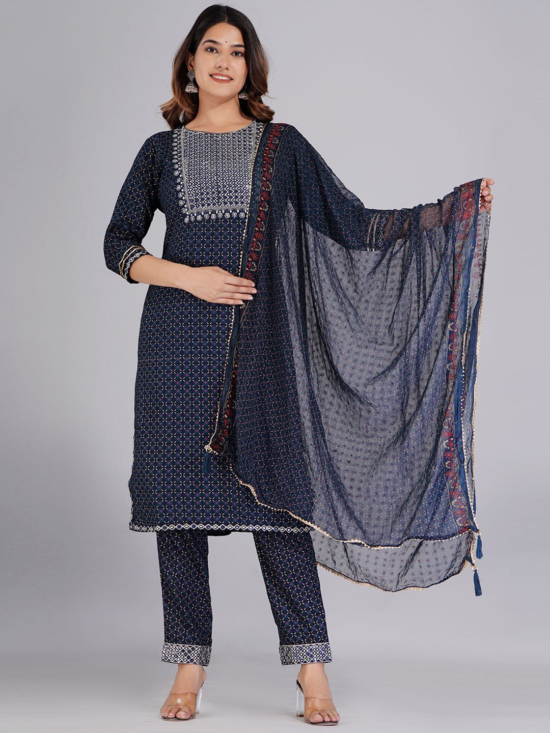 Dhiyona KL Ethnic Motifs Printed Mirror Work Kurta With Trousers & Dupatta