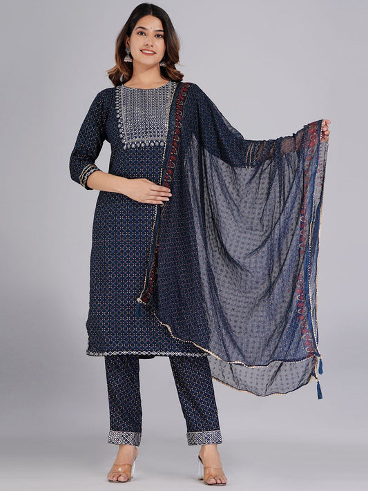 Dhiyona KL Ethnic Motifs Printed Mirror Work Kurta With Trousers & Dupatta