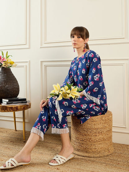 Dhiyona IE Floral Printed Pure Cotton Notch Neck Straight Kurta With Trousers