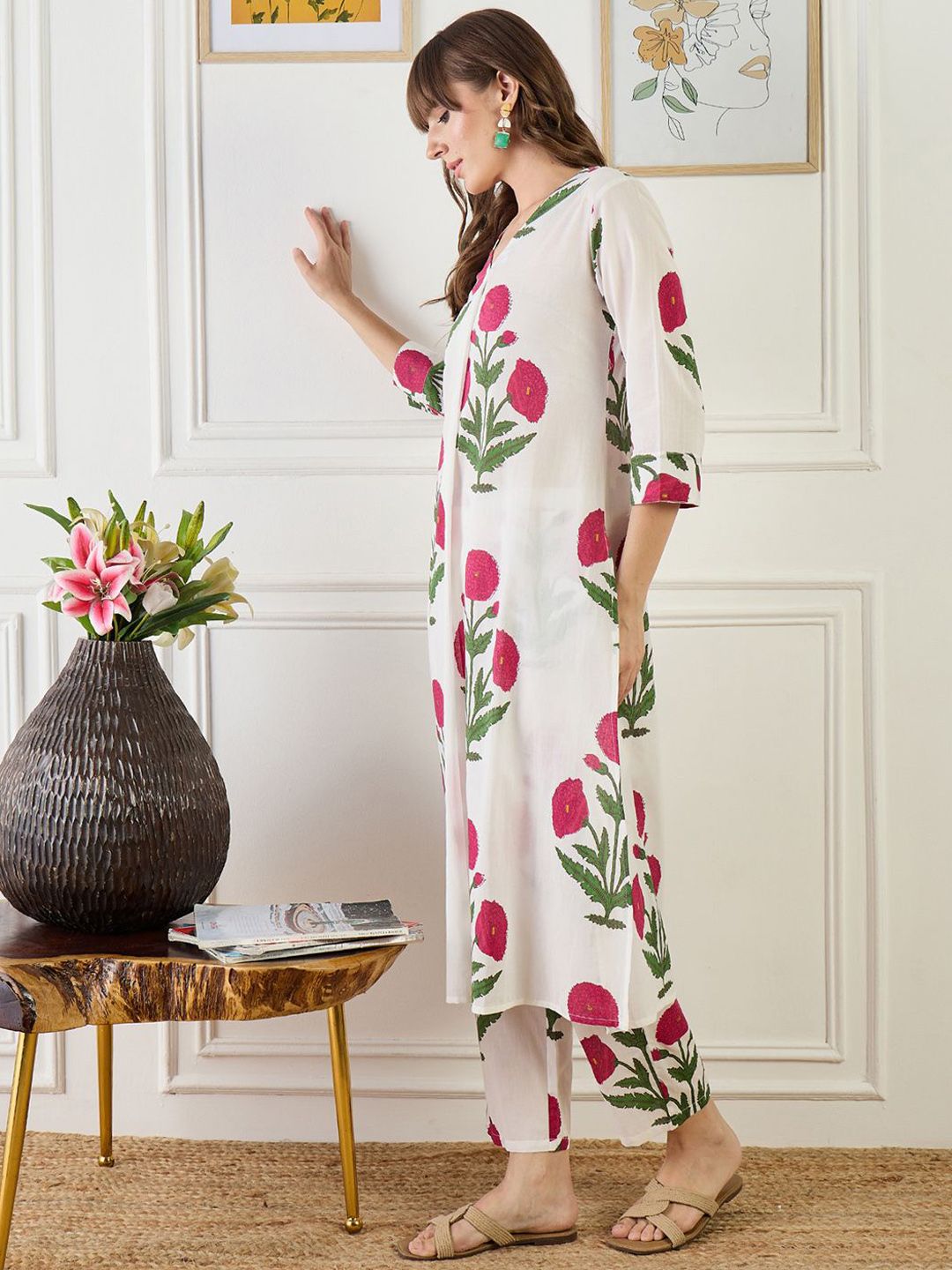 Floral Printed V-Neck Pure Cotton A-Line Kurta With Trouser