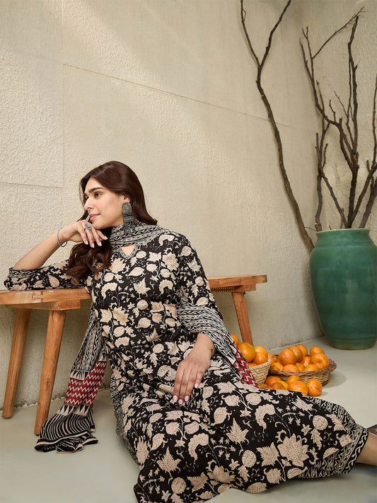 Dhiyona IE Floral Printed Notch Neck Pure Cotton Straight Kurta With Salwar & Dupatta