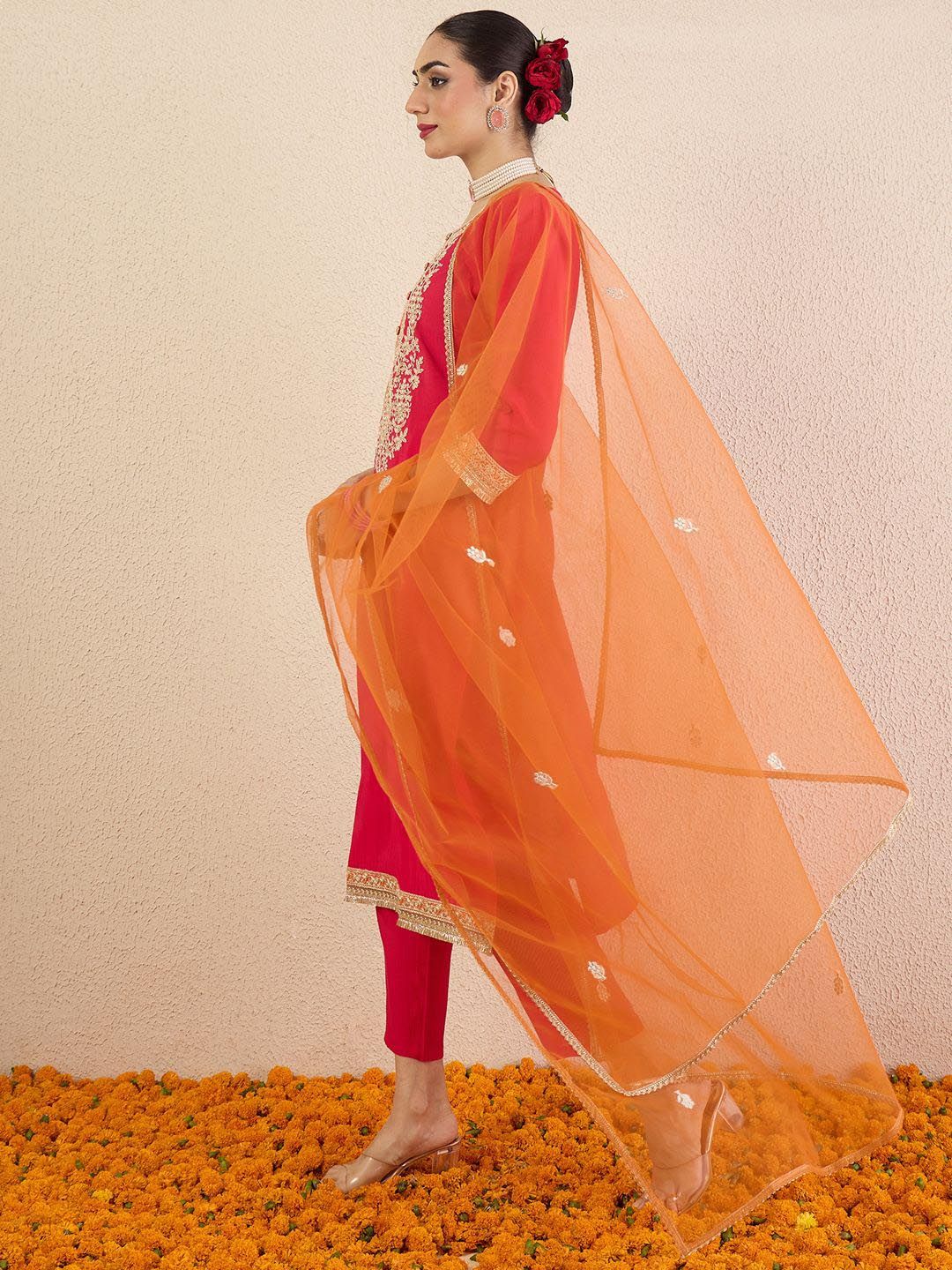 Ethnic Motifs Embroidered Sequinned Straight Kurta With Trousers & Dupatta