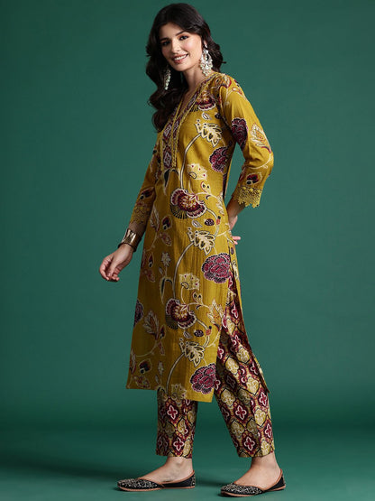 Dhiyona IE Ethnic Motifs Printed Sequinned Pure Cotton Kurta With Trousers & Dupatta