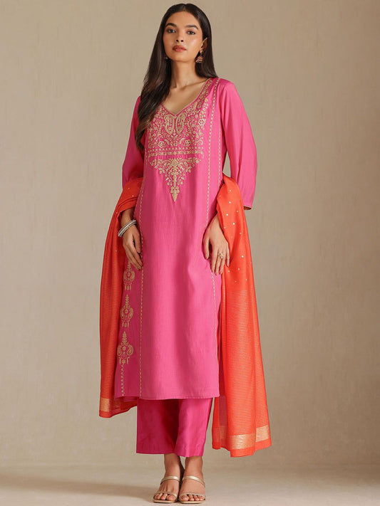 Dhiyona SO Women's Women Ethnic Motifs Embroidered Kurta with Trousers & Dupatta
