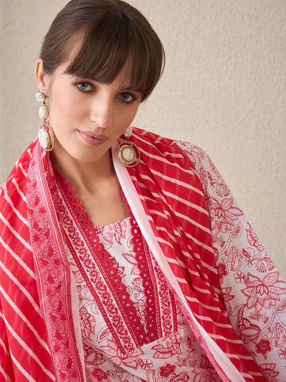 Dhiyona IE Women Floral Printed Regular Pure Cotton Kurta with Trousers & With Dupatta