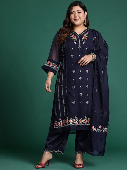 Dhiyona IE Plus Size Floral Embroidered Panelled Thread Work Kurta With Trousers & Dupatta