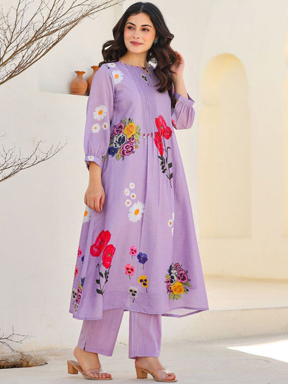 Floral Printed Pure Cotton Kurta With Trousers