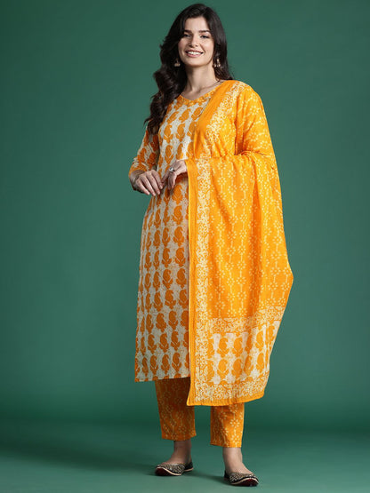 Dhiyona IE Paisley Printed Pure Cotton Kurta with Trousers & With Dupatta