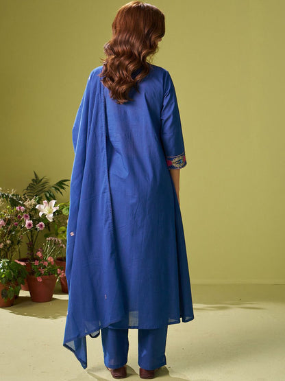 Women Floral Embroidered Cotton Kurta with Trousers & Dupatta