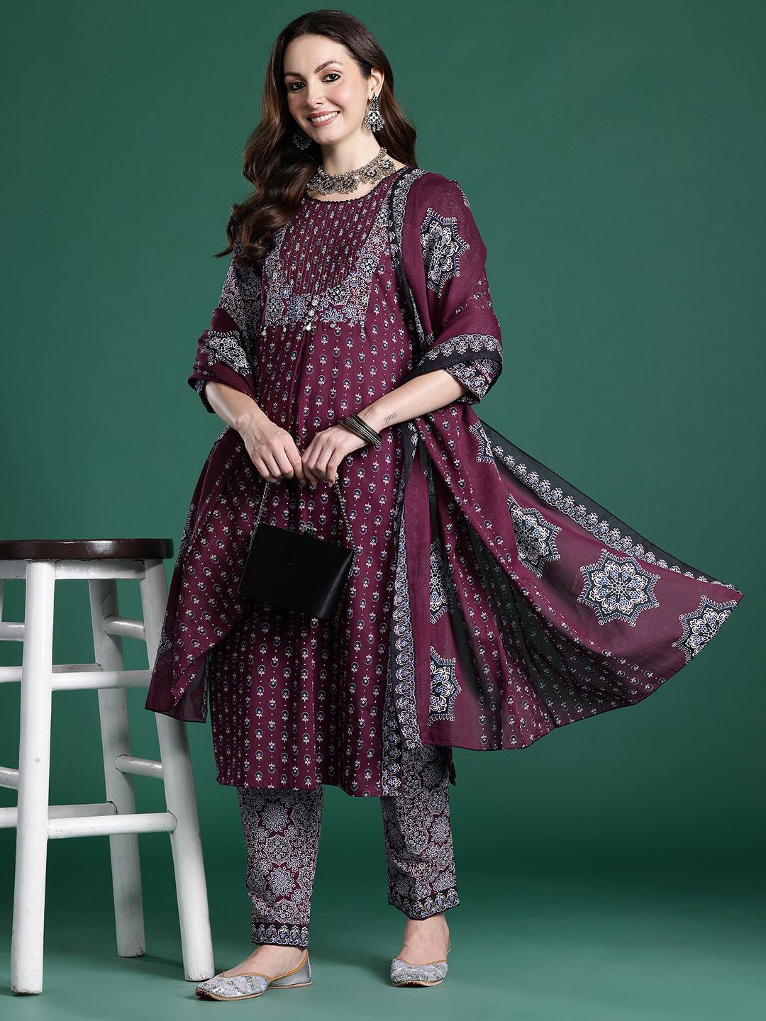 Ethnic Motifs Printed Mirror Work Pure Cotton Kurta with Trousers & With Dupatta