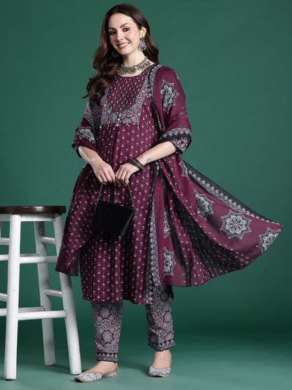 Ethnic Motifs Printed Mirror Work Pure Cotton Kurta with Trousers & With Dupatta