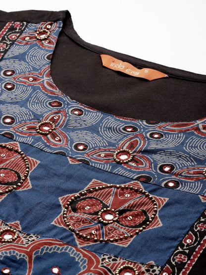 Dhiyona IE Ethnic Motifs Printed Mirror Work Pure Cotton Kurta with Trousers & With Dupatta