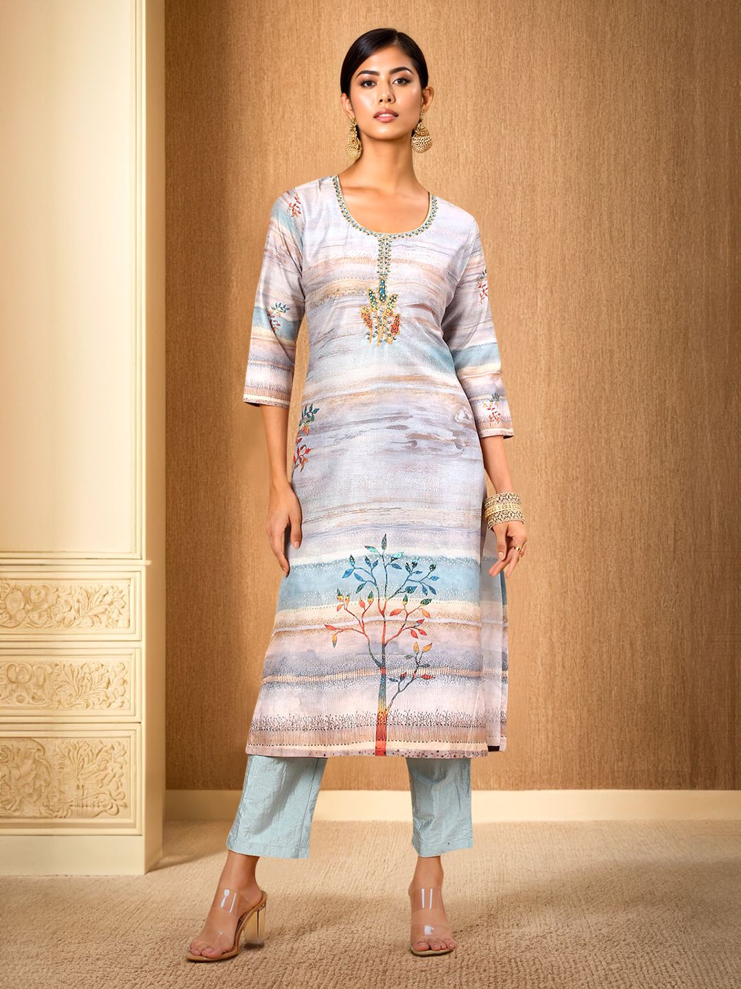 Dhiyona SO Women's Floral Printed Regular Beads and Stones Kurta with Trouser