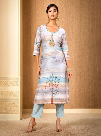 Dhiyona SO Women's Floral Printed Regular Beads and Stones Kurta with Trouser