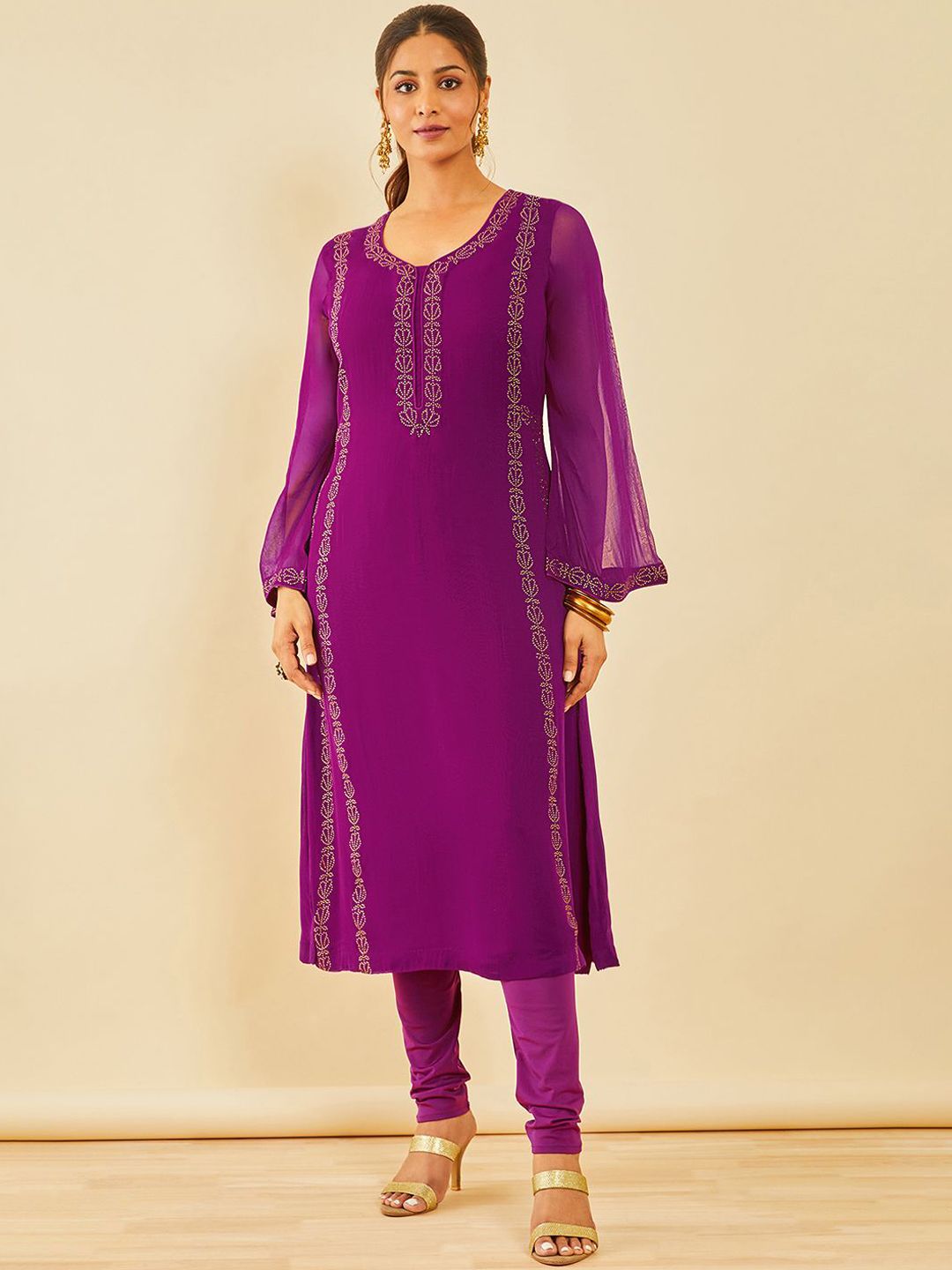 Dhiyona SO Women's Women Regular Beads and Stones Kurta with Churidar & With Dupatta