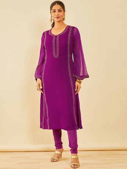 Dhiyona SO Women's Women Regular Beads and Stones Kurta with Churidar & With Dupatta
