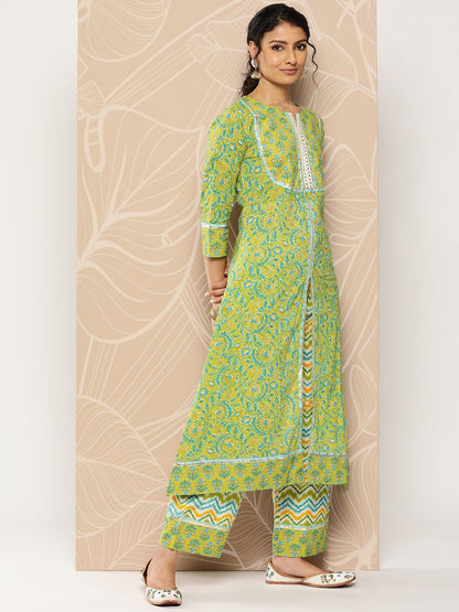 Dhiyona VA Women'sFloral Printed Mirror Work Pure Cotton Kurta With Palazzos & Dupatta