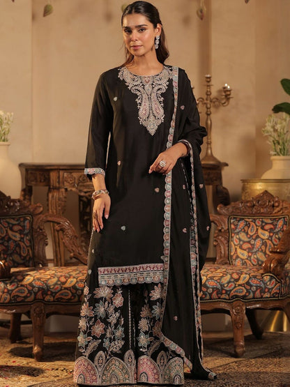 Dhiyona IE Ethnic Motifs Embroidered Thread Work Kurta With Sharara & Dupatta