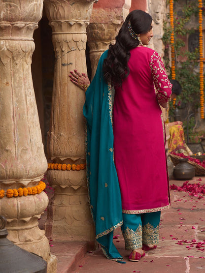 Zari Ethnic Motifs Embroidered Notch Neck Straight Kurta With Trousers & Dupatta