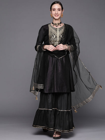Dhiyona IE Women Black Ethnic Motifs Yoke Design Kurta with Sharara & Dupatta