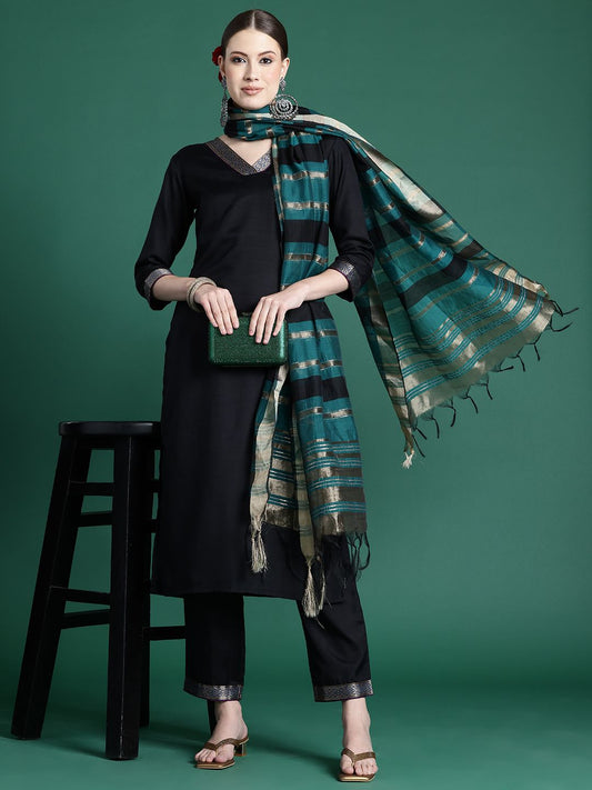 Dhiyona IE Yoke Design Zari Pure Cotton Kurta With Trousers & Dupatta