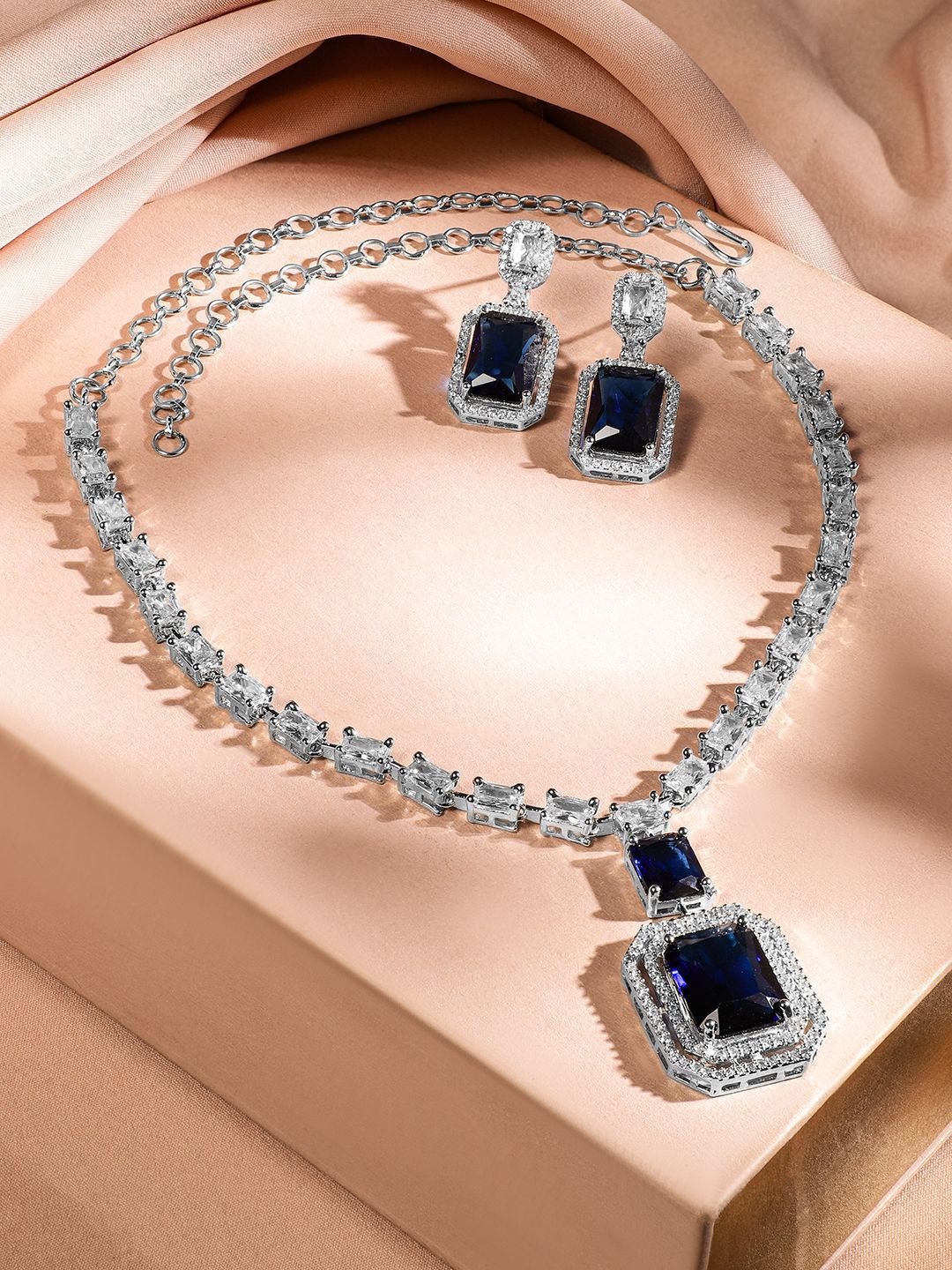 Dhiyona RJ Women's Rhodium-Plated Dark Blue Sapphire & White Cubic Zirconia Premium Jewellery Set