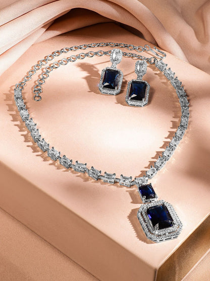 Dhiyona RJ Women's Rhodium-Plated Dark Blue Sapphire & White Cubic Zirconia Premium Jewellery Set